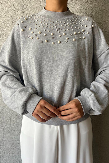 Seda Yalçın Atelier Gray Pearl Stone Detailed Sweater