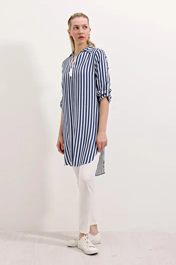 Bigdart 5613 Collar Lace Up Striped Tunic - Blue