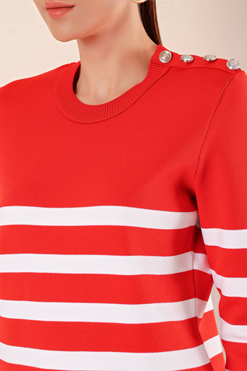 Bigdart 15820 Button Detailed Striped Sweater - Red