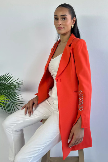 GÜLSELİ Orange Women's Long Blazer Jacket with Stone Detail