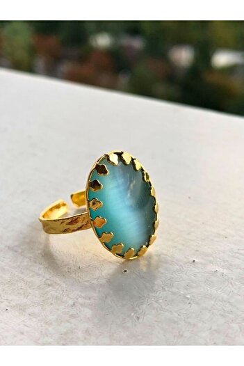 TÜKKAN ACCESSORİES MAVİ KEDİ GÖZÜ TAŞI  DOĞALTAŞ ALTIN KAPLAMA AYARLANABİLİNİR YÜZÜK-DOĞALTAŞYÜZÜK16