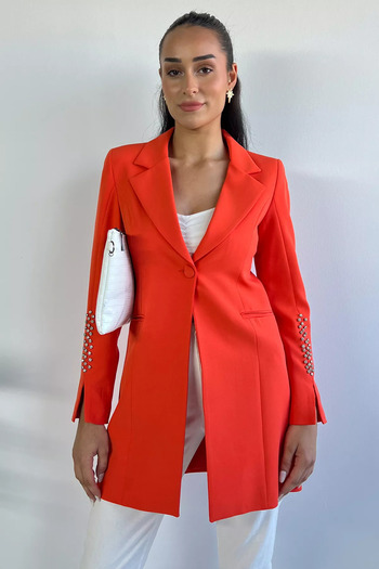 GÜLSELİ Orange Women's Long Blazer Jacket with Stone Detail