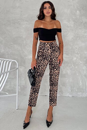 FEMELLE Women's High Waist Leopard Patterned Grassy Fabric Pants