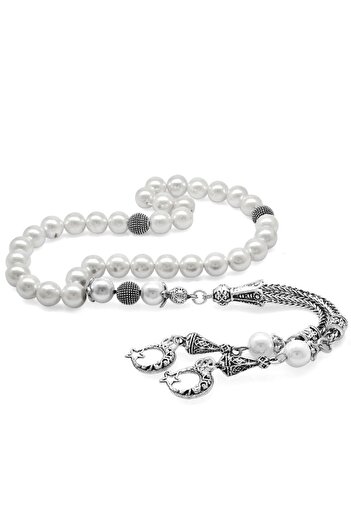Tesbihane Non-Tarnish Metal Crescent Star Tasseled Globe Cut Mallorcan Pearl Natural Stone Rosary