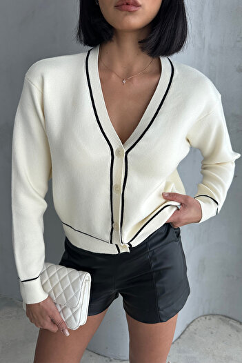 Ortaya Çık Beige Stripe Detailed Knitwear Cardigan