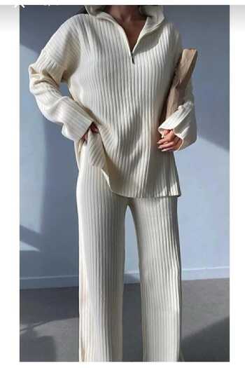 LocaMz Women's Ribbed Collar, Zippered Leg Slits, Side Zipper Knitwear Suit