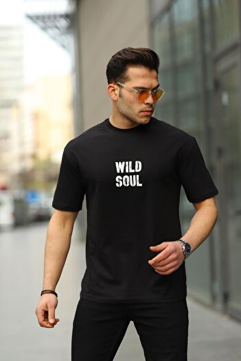 comstar Men's Wild Soul Text Print Oversize Black Loose T-Shirt