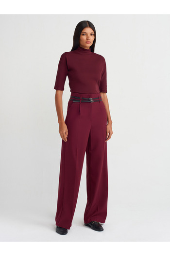 Dilvin 71526 Pantaloni roșii Claret cu talie înaltă cu centură