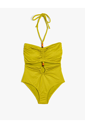 Koton Beaded Gathered Covered Swimsuit - Halter Neck and Window Detail