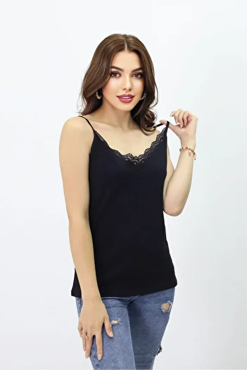 Pampino Women's Black Adjustable Drawstring Strap V-Neck Cotton Lace Tank Top - Casual and Stylish