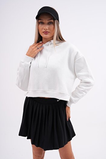 ŞİMAL Women's Hooded Three Thread Short Sweatshirt with Side Slit Detail 245119   -