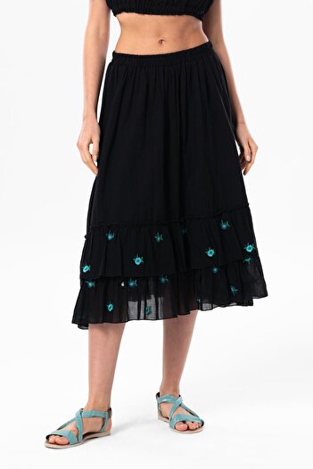 Eliş Şile Bezi Lavinya Voile Embroidered Long Summer Skirt Black Black