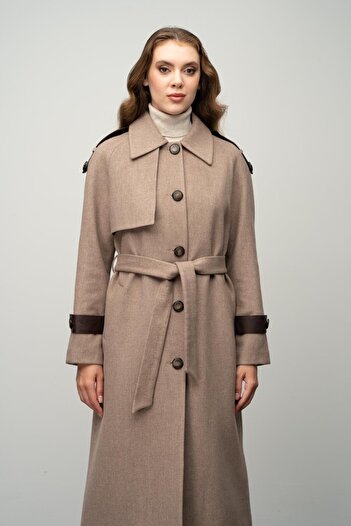 Olcay Kamel 3030-K - Intermediate Length Cashmere Coat with Genuine Leather Detail and Waist Ties