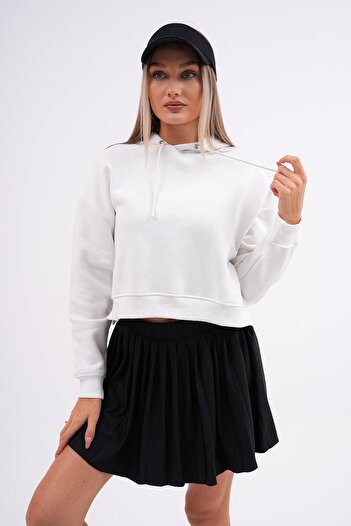 ŞİMAL Women's Hooded Three Thread Short Sweatshirt with Side Slit Detail 245119   -