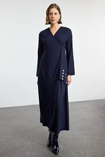 Trendyol Modest Sötétkék duplasoros galléros oldalsó nyakkendő részlet szőtt ruha TCTAW25EB00112