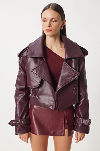 Happiness İstanbul Claret Red Oversize Faux Leather Women's Jacket - Oh00059