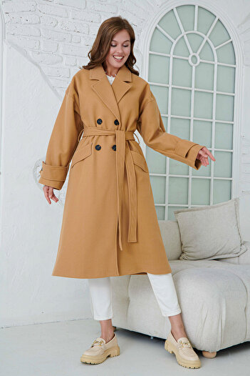 WOMAN VISION Double Breasted Collar and Belted Long Sleeve Midi Camel Coat - Off Shoulder Lined 9001