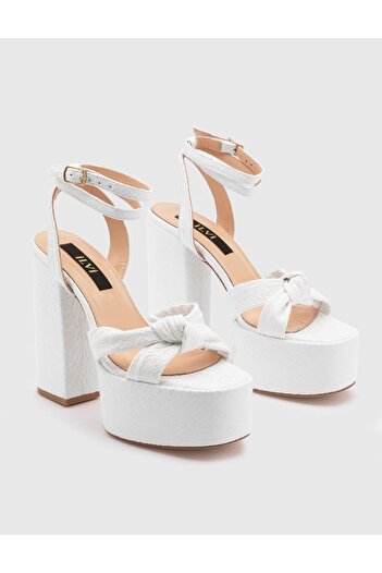 İLVİ Alcott White Heeled Leather Women's Sandals - Genuine Snake Printed