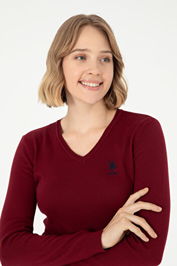U.S. Polo Assn. Women's Burgundy V-Neck Basic Sweater 50288997-Vr014