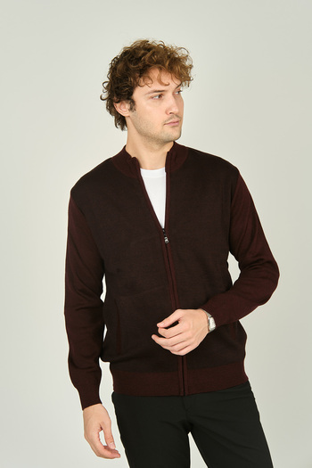 Ateş Triko Men's Zippered Pocket Detailed High Collar Wool Cardigan 4491 Claret Red