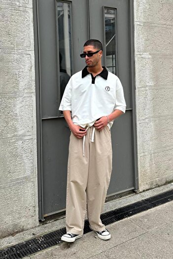 HAFKAGİYİM ΛΕΥΚΟ Ροζ Πόλο Γιακά OUTPLENTY PREMIUM Oversize T-Shirt