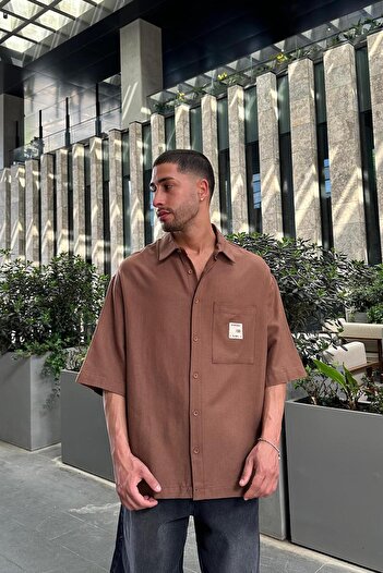 HAFKAGİYİM Кафява ленена риза с преден джоб и бродерия S8 BS Oversized Shirt