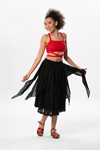 Eliş Şile Bezi Cluster Voile Lace Fringed Long Summer Authentic Skirt Black