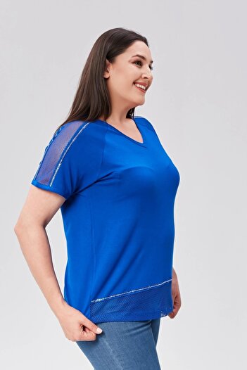 CAFCAF Shoulder and Skirt Mesh Detailed Stone Printed Blouse