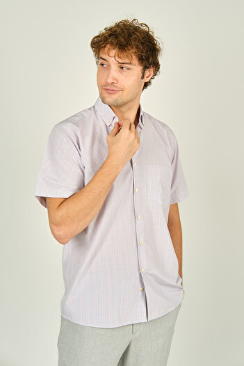 MUGİ Mugi Men's Single Pocket Collar Buttoned Short Sleeve Cotton Shirt 3003 Red