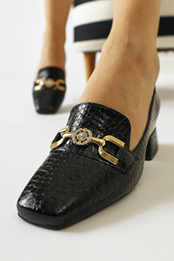 Limoya Bee Black Crocodile Print Δερμάτινη αγκράφα Λεπτομερή Blunt Toe Γυναικεία Casual Παπούτσια