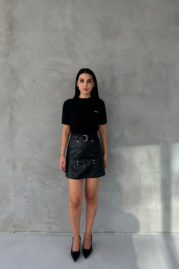Seda Yalçın Atelier Black Belted Leather Skirt with Hidden Pocket Detail