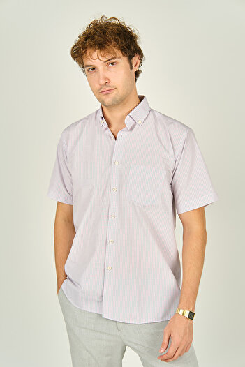 MUGİ Mugi Men's Single Pocket Collar Buttoned Short Sleeve Cotton Shirt 3003 Red