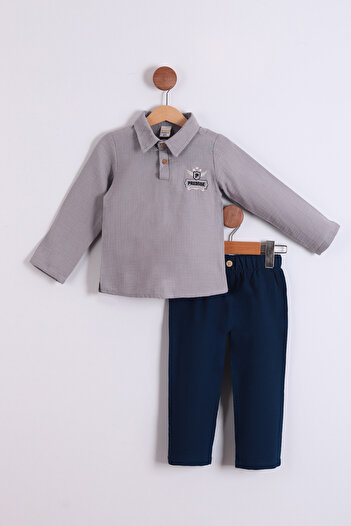 Pollito Boy's Shirt Collar P Embroidered Muslin Top and Bottom Set of 2