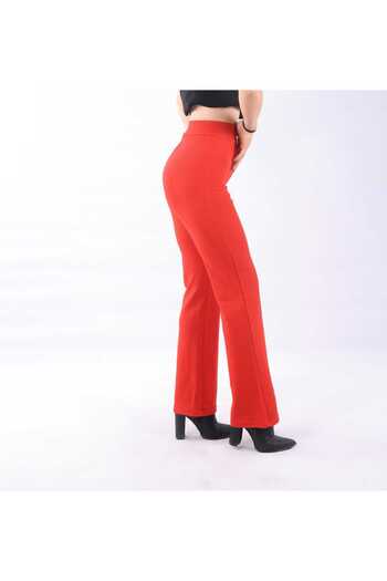 NEVEGE BUTİK High Waist Lycra Crepe Palazzo Trousers - Front Grass, Red
