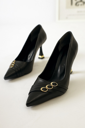 Limoya Lavina Black Banded Gold Heel Detailed Pointed Toe Stiletto, Women's High Heels