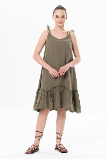 Eliş Şile Bezi Strappy Serra Flounced Short Summer Muslin Dress Khaki Hk