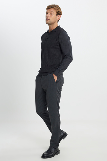 ALTINYILDIZ CLASSICS Men's Anthracite-Melange Cotton Standard Fit Regular Cut Polo Collar Jacquard Knitwear Sweater