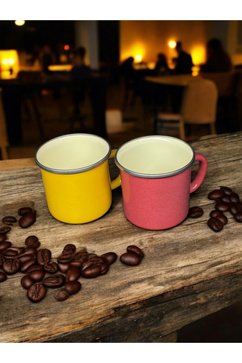 emaye market Vintage Enamel Mug - 400 Ml, 10 Cm, Camping Coffee, 2 Pack Yellow Red