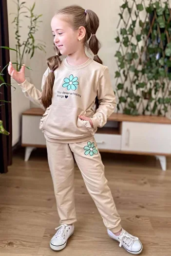 Riccotarz Daisy Printed Girl's Sweat Bottom Tracksuit - Cream Color Tracksuit Set with Ruffle Pocket Detail
