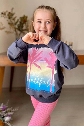 Riccotarz Girl's Palm Tree and Text Printed Sweater Ribbed Pink Tights Set