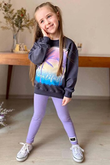 Riccotarz Girl's Palm and Text Printed Sweater Ribbed Purple Tights Set