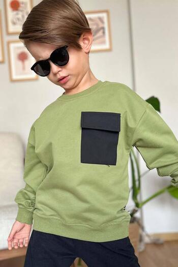 Riccotarz Φούτερ Boy's Cover Pocket Crew Neck Φούτερ Χακί Πράσινη φόρμα
