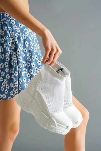 Modanizm Esha White Mesh Wedge Heeled Sports Boots