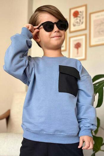 Riccotarz Boy's Cover Pocket Crew Neck Sweatshirt Blue Tracksuit Set