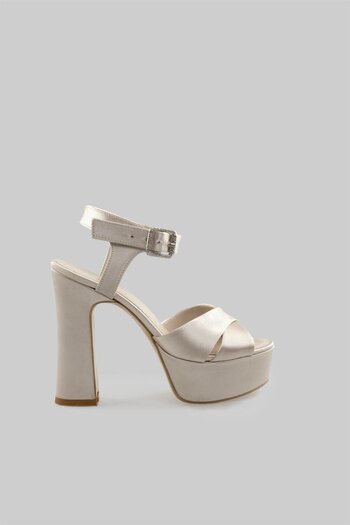 sovrana Cross Band Detailed Thick Platform Heeled Shoes Beige Satin