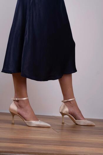 sovrana Stone Detailed Slit High Heel Shoes Beige Satin