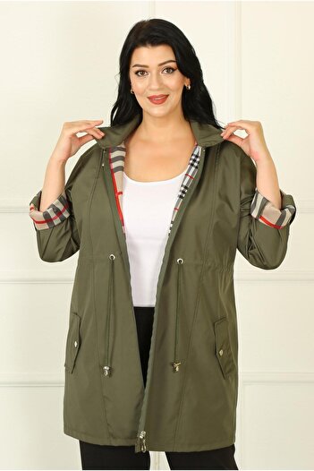 By Alba Collection Large Size Women's Trench Coat - Khaki Plaid Detail