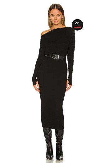 Zagrep Women's Black Asymmetrical Finger-Snap Lined No-Show Midi Dress