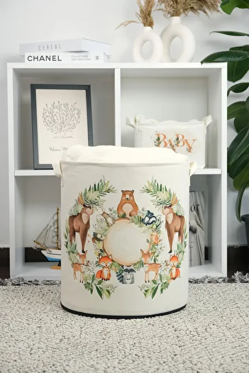 PRENDİ HOME Zoo Printed Multi-Purpose Toy Storage Box Dirty Laundry Basket Basket Folding Organizer Basket 37x40