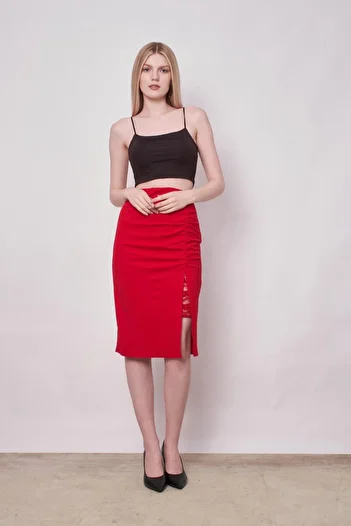 Jument Women's Lace Detailed Gathered Front Slit Below the Knee Lycra Crepe Fabric Skirt - Red